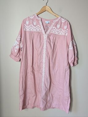 Sundance Pink Long-Sleeve Embroidered Shift Dress Linen